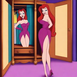 Create an image of Jessica Rabbit wearing a miniskirt in a hidden room behind a wardrobe