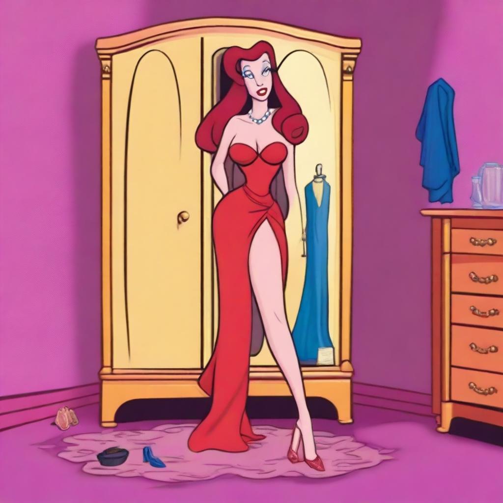 Create an image of Jessica Rabbit wearing a miniskirt in a hidden room behind a wardrobe