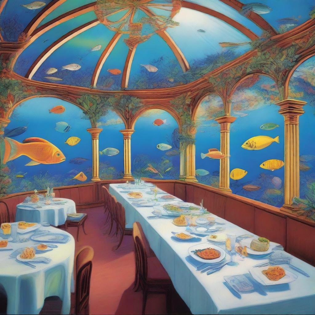 A vibrant and detailed poster depicting an underwater dining experience