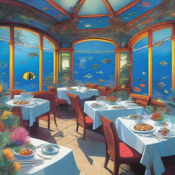 A vibrant and detailed poster depicting an underwater dining experience