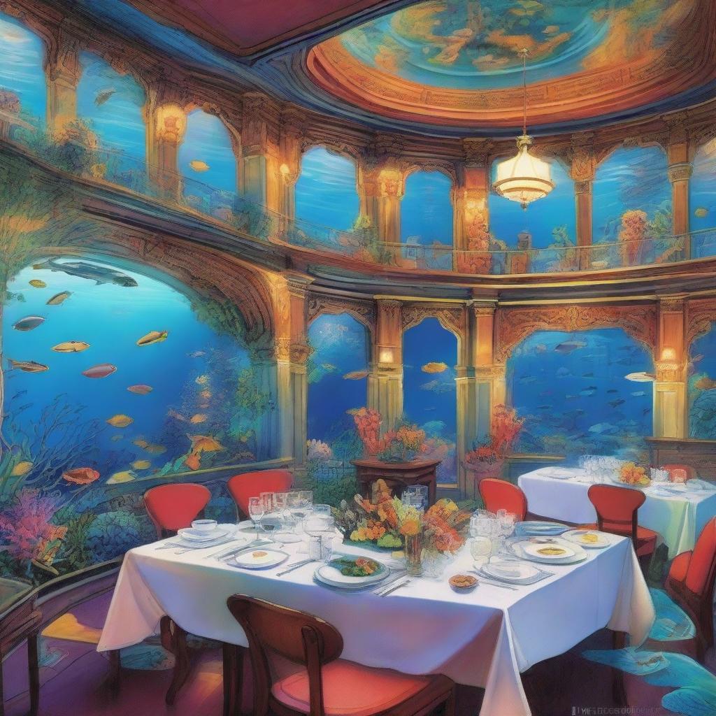 A vibrant and detailed poster depicting an underwater dining experience