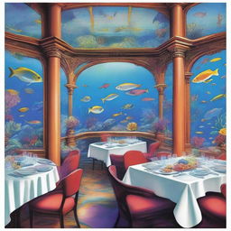 A vibrant and detailed poster depicting an underwater dining experience