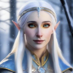 Create a realistic image of a female winter eladrin elf