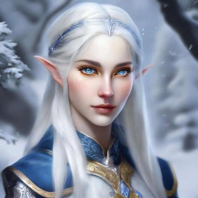 Create a realistic image of a female winter eladrin elf