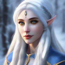 Create a realistic image of a female winter eladrin elf