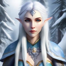 Create a realistic image of a female winter eladrin elf