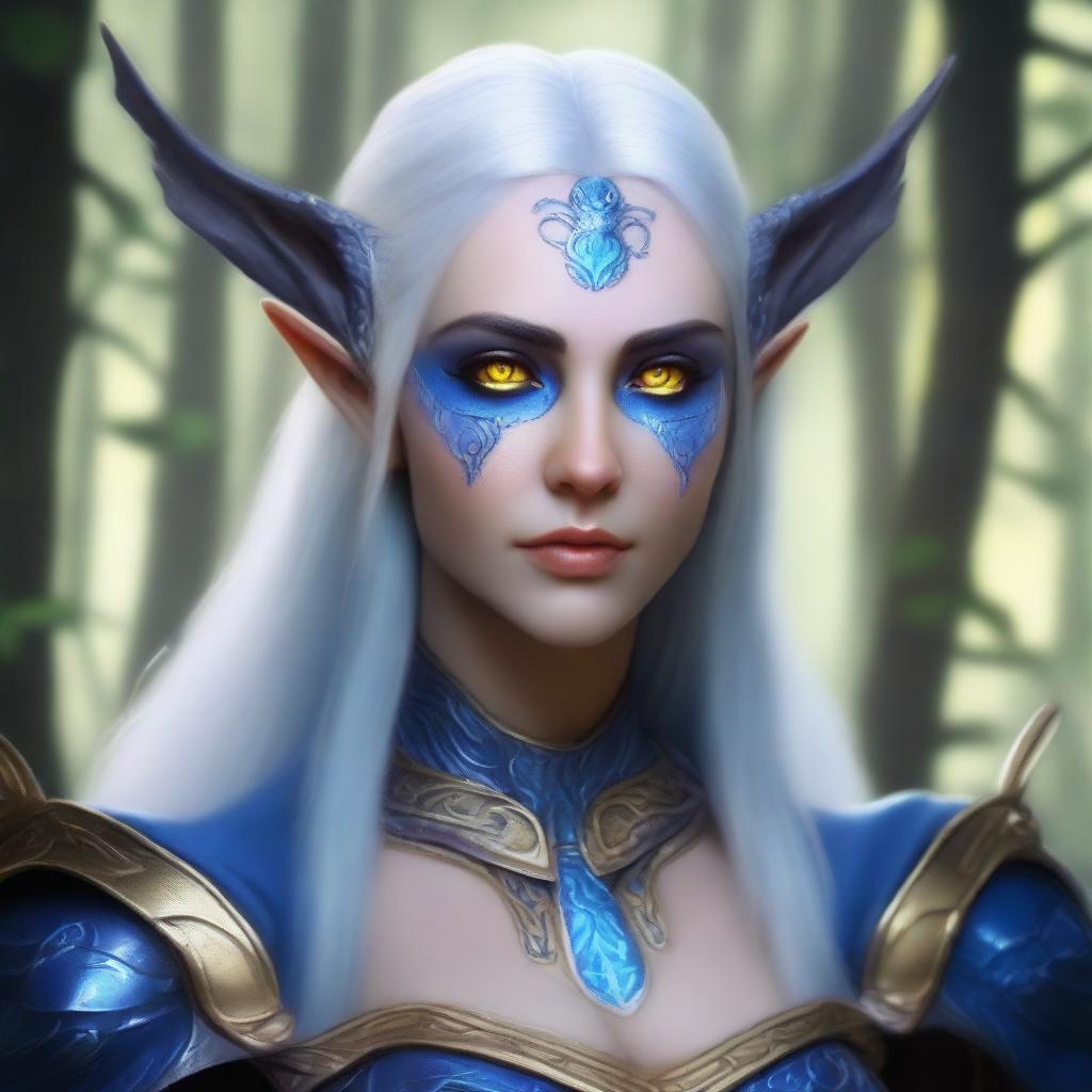 Create a realistic image of a female fey elf with blue skin