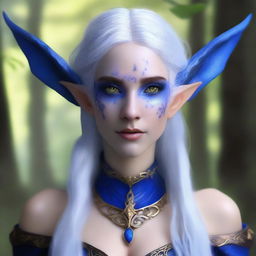 Create a realistic image of a female fey elf with blue skin