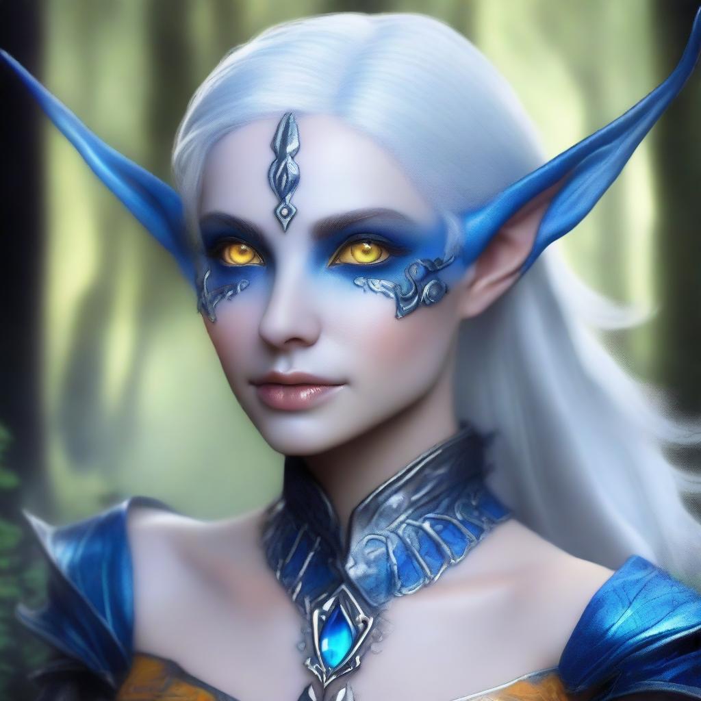 Create a realistic image of a female fey elf with blue skin