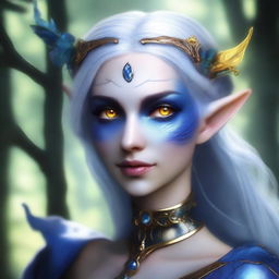 Create a realistic image of a female fey elf with blue skin