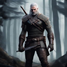 A detailed and realistic depiction of Geralt of Rivia, the main character from The Witcher series