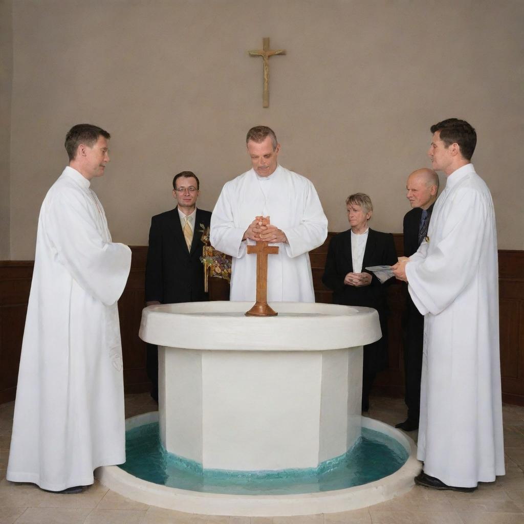 A Christian baptism scene with a church, a priest, and a family gathered around a baptismal font