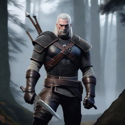 A detailed and realistic depiction of Geralt of Rivia, the main character from The Witcher series