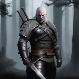 A detailed and realistic depiction of Geralt of Rivia, the main character from The Witcher series