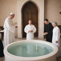 A Christian baptism scene with a church, a priest, and a family gathered around a baptismal font