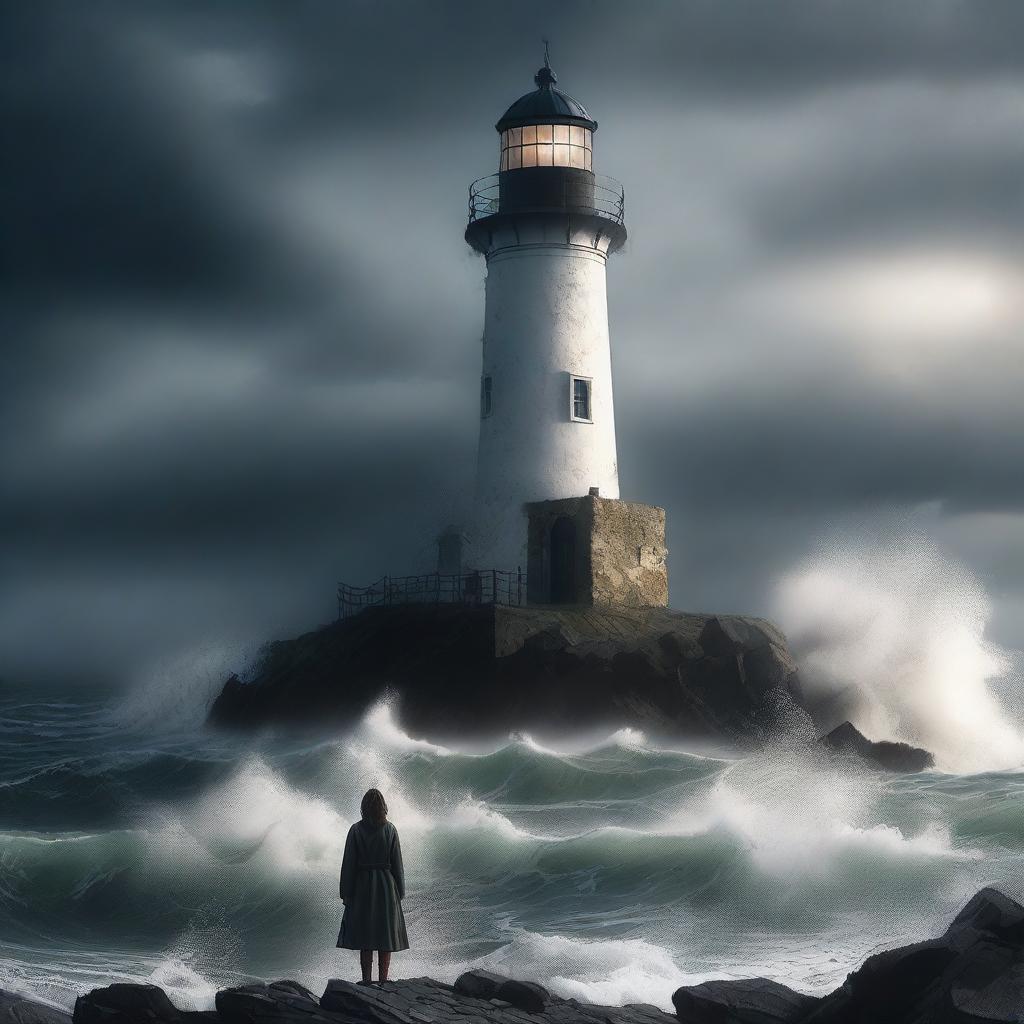 A dramatic scene of a lighthouse during a storm, with waves crashing against the rocks