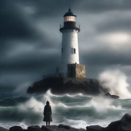 A dramatic scene of a lighthouse during a storm, with waves crashing against the rocks