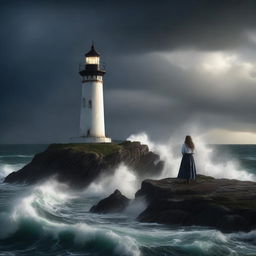 A dramatic scene of a lighthouse during a storm, with waves crashing against the rocks