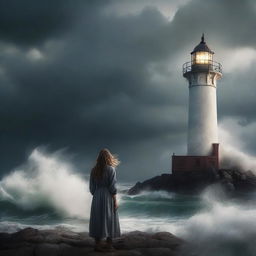 A dramatic scene of a lighthouse during a storm, with waves crashing against the rocks
