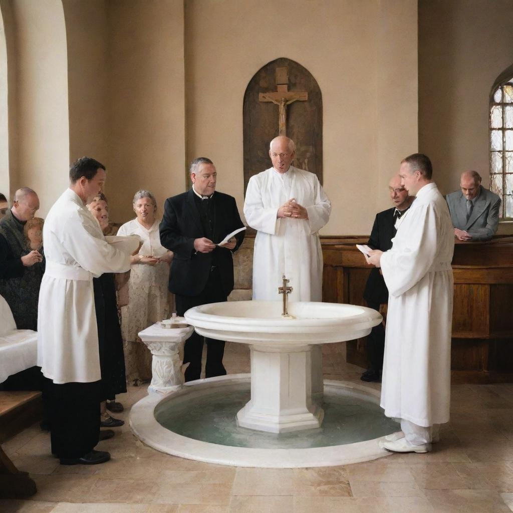 A Christian baptism scene with a church, a priest, and a family gathered around a baptismal font