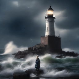 A dramatic scene of a lighthouse during a storm, with waves crashing against the rocks