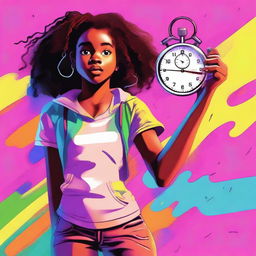 A young black girl with a determined expression, standing with her hand outstretched to grab a stopwatch that's floating in the air