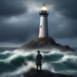 A young lighthouse keeper stands isolated on a storm-ravaged island