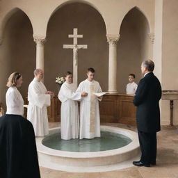 A Christian baptism scene with a church, a priest, and a family gathered around a baptismal font