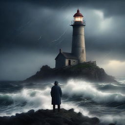 A young lighthouse keeper stands isolated on a storm-ravaged island