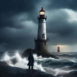 A young lighthouse keeper stands isolated on a storm-ravaged island