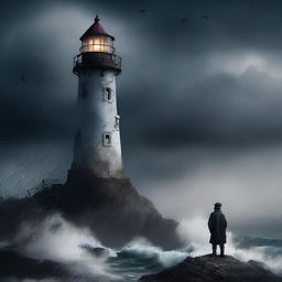 A young lighthouse keeper stands isolated on a storm-ravaged island