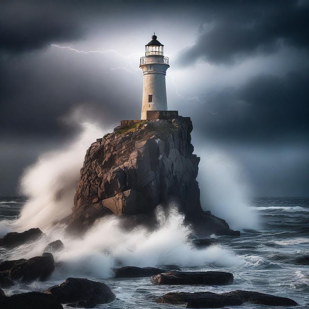 A thrilling scene of a lighthouse perched on a rocky cliff during a stormy night, with waves crashing against the rocks and lightning illuminating the sky