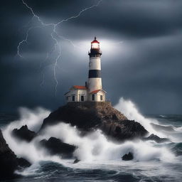 A thrilling scene of a lighthouse perched on a rocky cliff during a stormy night, with waves crashing against the rocks and lightning illuminating the sky