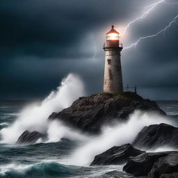 A thrilling scene of a lighthouse perched on a rocky cliff during a stormy night, with waves crashing against the rocks and lightning illuminating the sky