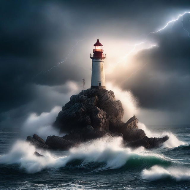 A thrilling scene of a lighthouse perched on a rocky cliff during a stormy night, with waves crashing against the rocks and lightning illuminating the sky