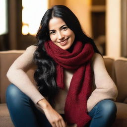 A woman with long black hair wearing a scarf, sitting on the leg of a man