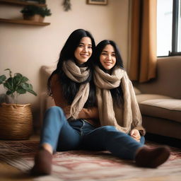 A woman with long black hair wearing a scarf, sitting on the leg of a man