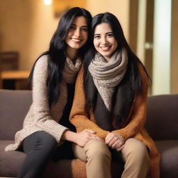 A woman with long black hair wearing a scarf, sitting on the leg of a man