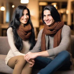 A woman with long black hair wearing a scarf, sitting on the leg of a man