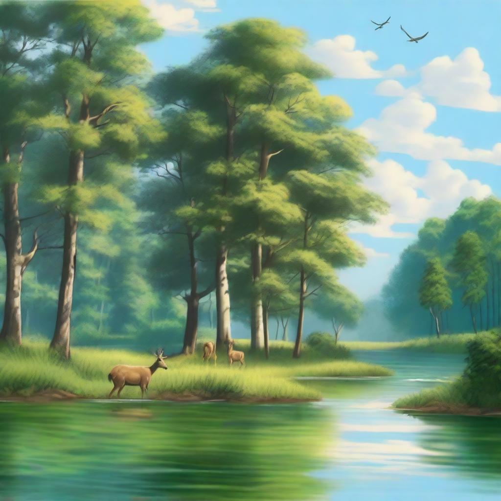 A serene natural landscape featuring a lush forest with tall trees, a clear flowing river, and a bright blue sky with fluffy white clouds