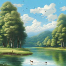 A serene natural landscape featuring a lush forest with tall trees, a clear flowing river, and a bright blue sky with fluffy white clouds