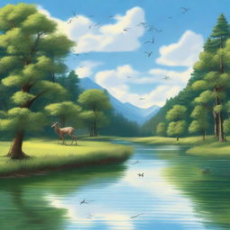 A serene natural landscape featuring a lush forest with tall trees, a clear flowing river, and a bright blue sky with fluffy white clouds