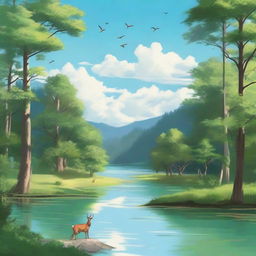 A serene natural landscape featuring a lush forest with tall trees, a clear flowing river, and a bright blue sky with fluffy white clouds