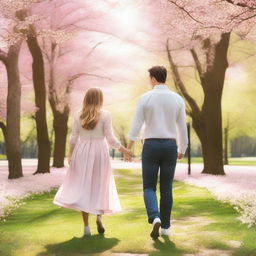 A heartwarming image of a couple holding hands and walking through a beautiful park in the springtime