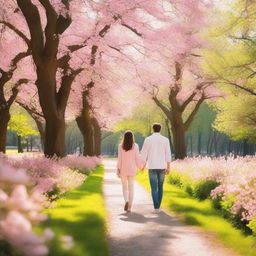 A heartwarming image of a couple holding hands and walking through a beautiful park in the springtime