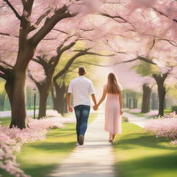 A heartwarming image of a couple holding hands and walking through a beautiful park in the springtime