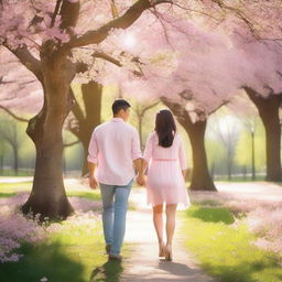 A heartwarming image of a couple holding hands and walking through a beautiful park in the springtime