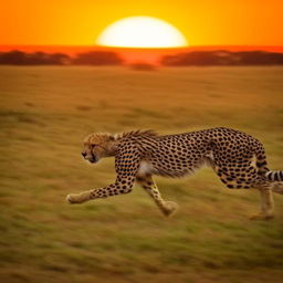 A thrilling image of a cheetah running across an African savannah with a sunset in the background.