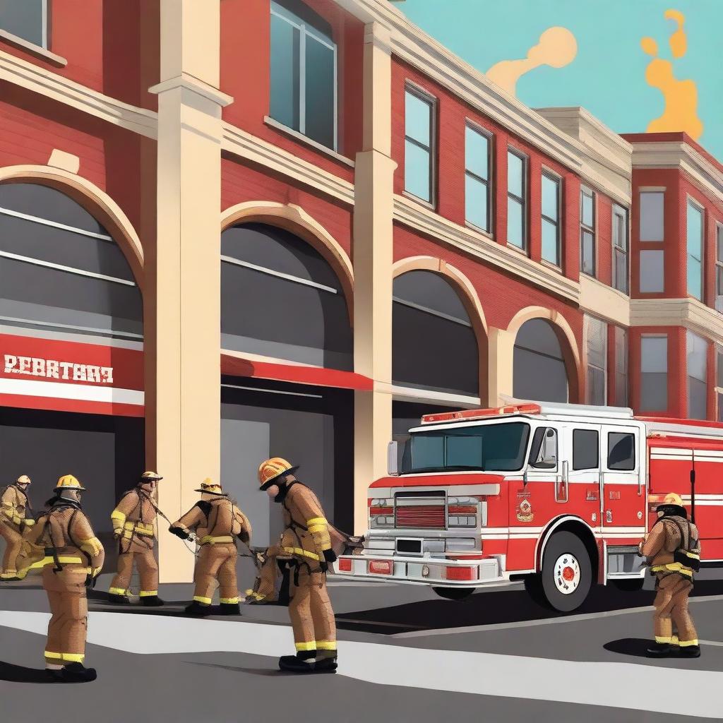 Create an image of a fire department with fire trucks, firefighters in action, and a fire station