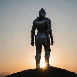 A knight in shining armor standing on a hilltop, the sun setting behind him, casting a dramatic shadow